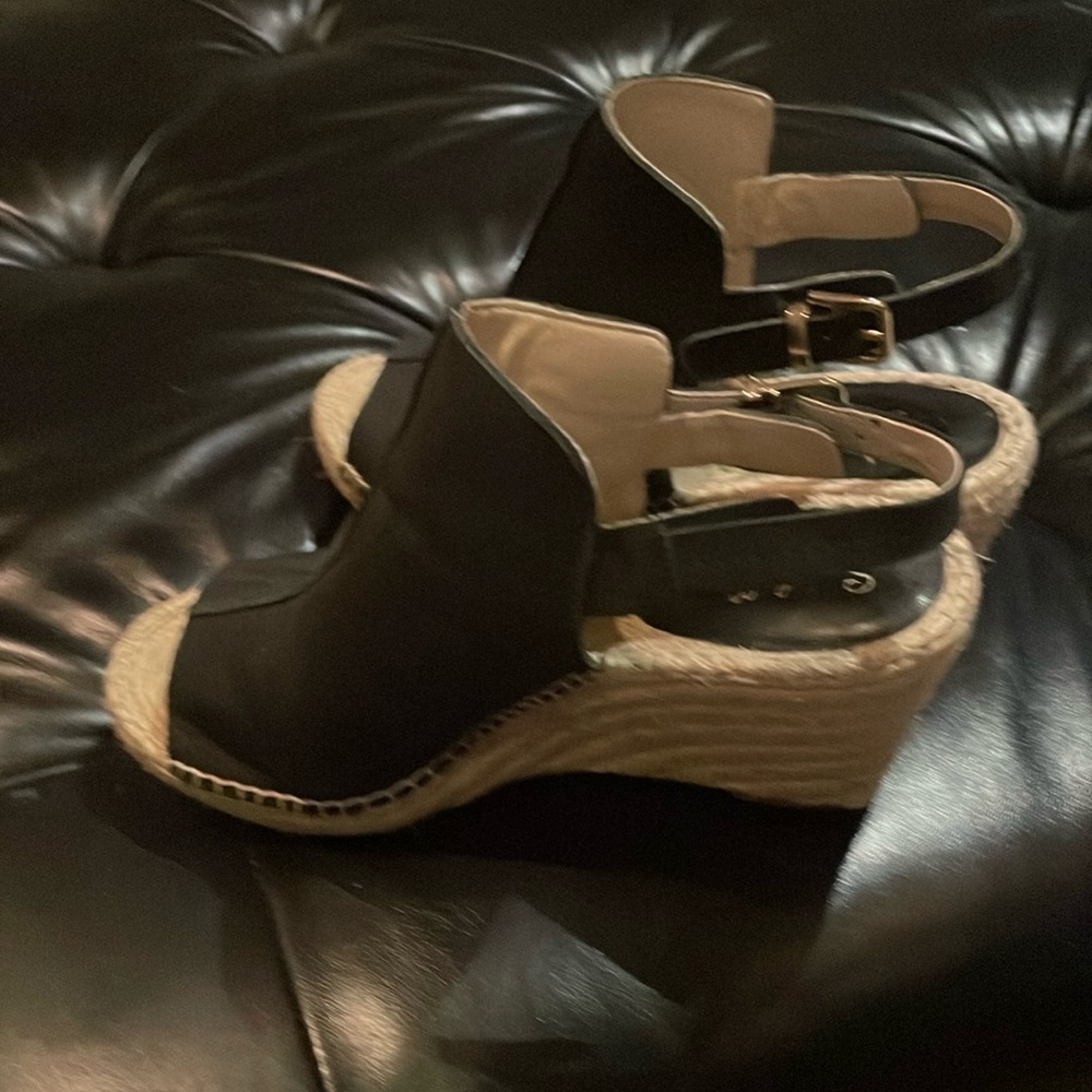 Stunning black leather wedge sandals; size 9 barley worn